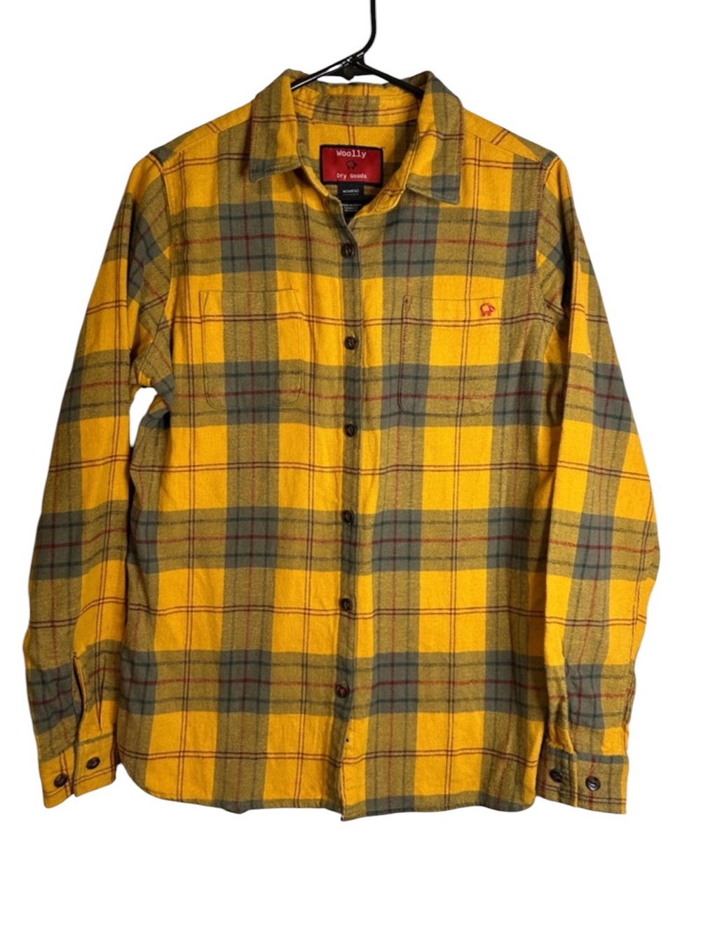 Woolly Dry Goods Plaid Flannel Shirt M Mustard Olive Button Front Granola Forest